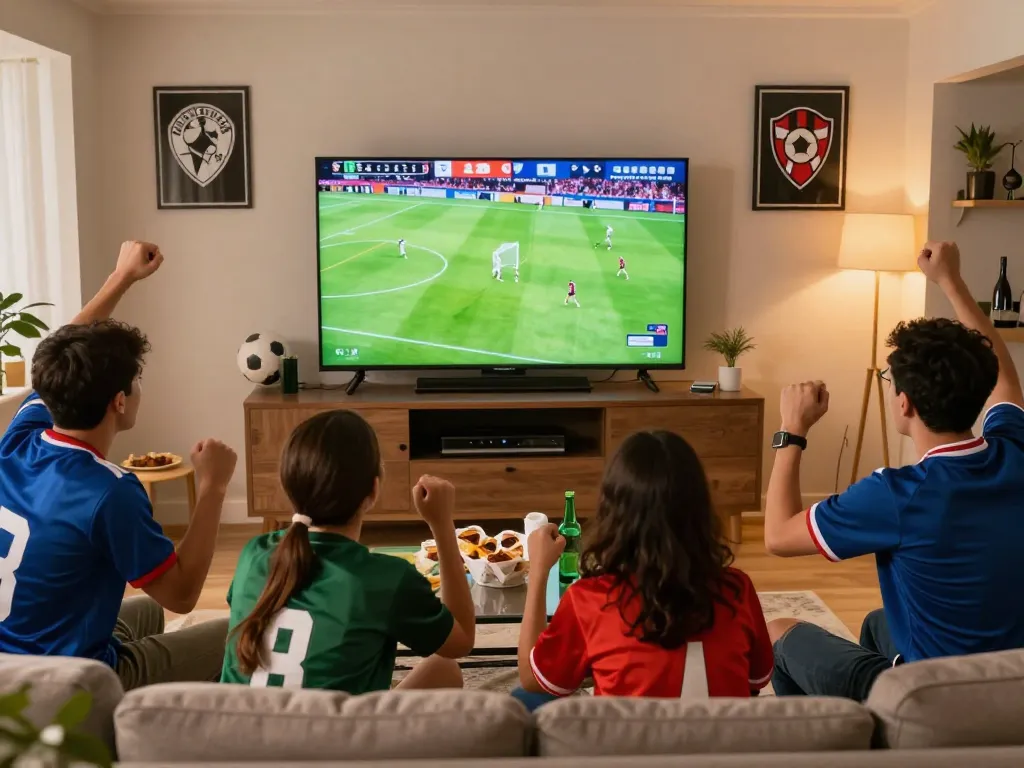 Exciting luongson football viewing experience with fans cheering in a cozy setting