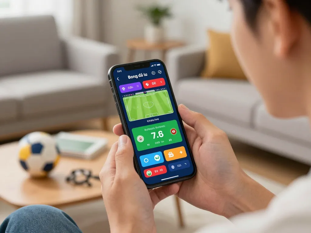 Engaged user checking bóng đá lu live scores and updates on smartphone while enjoying sports betting.