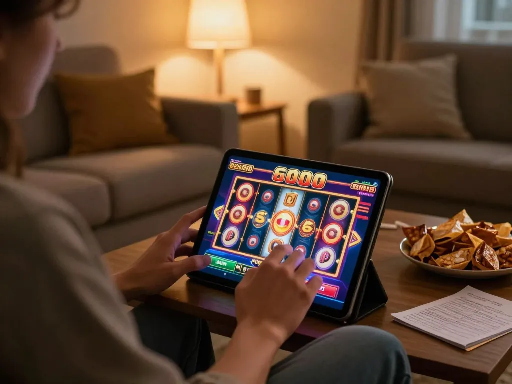 Enjoying an exciting game of slot6000 in a cozy home setting, where vibrant graphics bring the thrill of online slots to life.