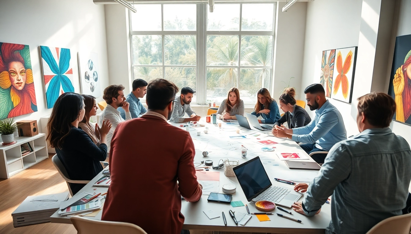 Engaging in Creative concept development with a collaborative team of professionals in a bright workspace.