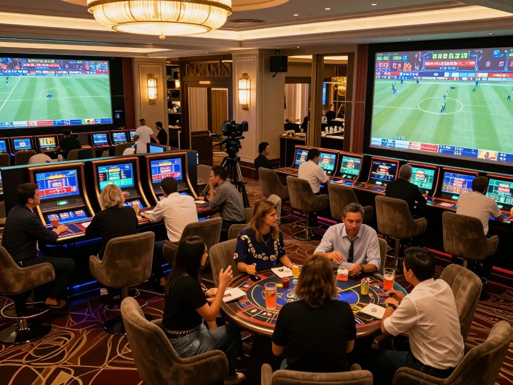 Excited patrons engaging in sports betting action at RR88's luxurious lounge.
