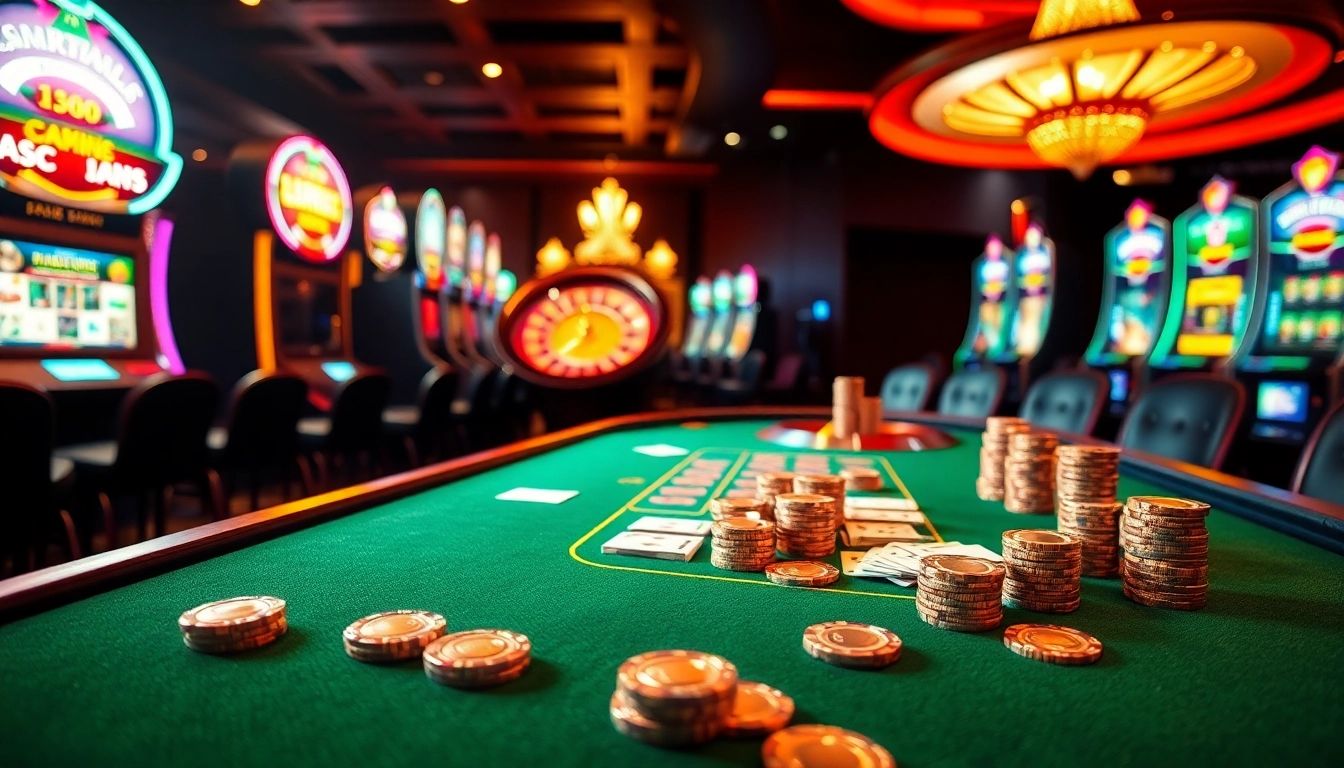 KJC poker table with vibrant chips and cards, set in a luxurious casino ambiance.