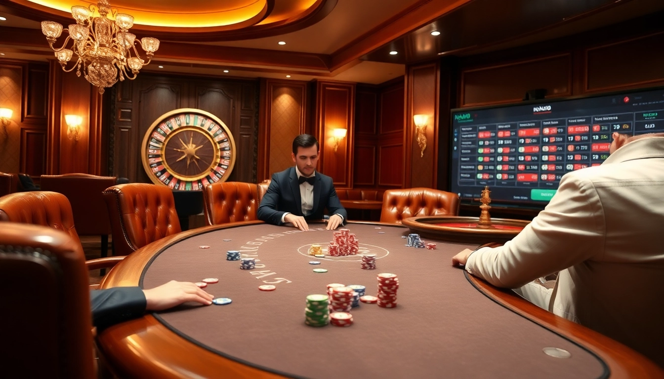 Nohu90 players engaging in high-stakes poker at an upscale casino table with vibrant chips.