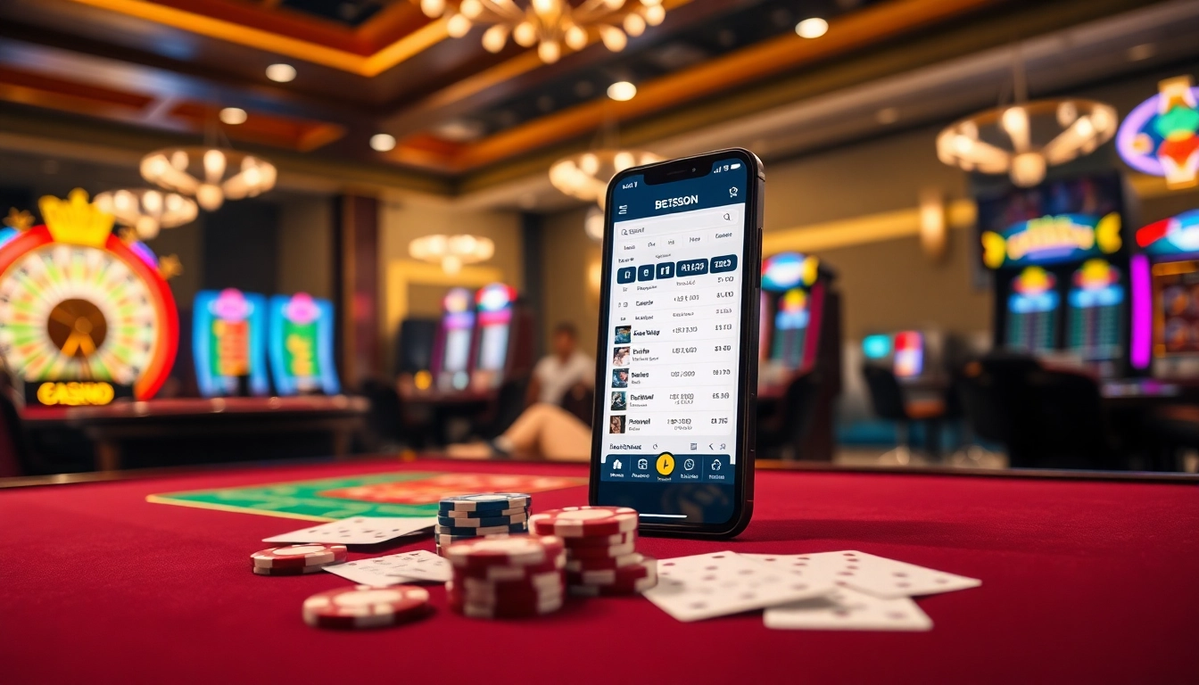 Experience the excitement of gambling with the Betsson App interface showcased in a luxurious casino setting.