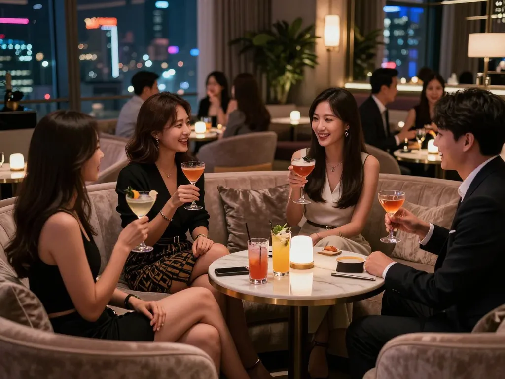 Guests enjoying the luxurious atmosphere of 강남쩜오 with cocktails in a stylish room salon.