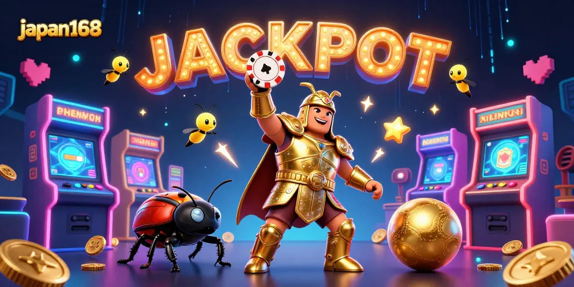 Engage with the thrilling world of japan168 as a heroic beetle celebrates a jackpot victory amid a colorful casino scene.