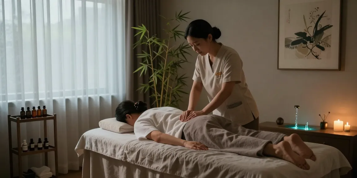 당진마사지로 편안하게 휴식을 취하는 사람과 아로마 오일이 있는 마사지 룸