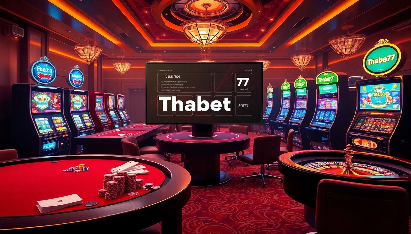 Experience Thabet77 with vibrant online casino tables, slot machines, and engaging betting elements.