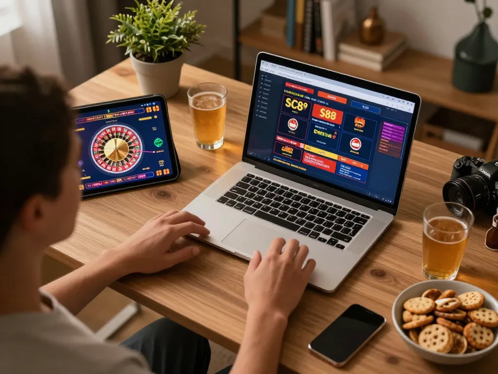 Player engaging with sc88 online casino gaming interface on laptop, showcasing dynamic gameplay.