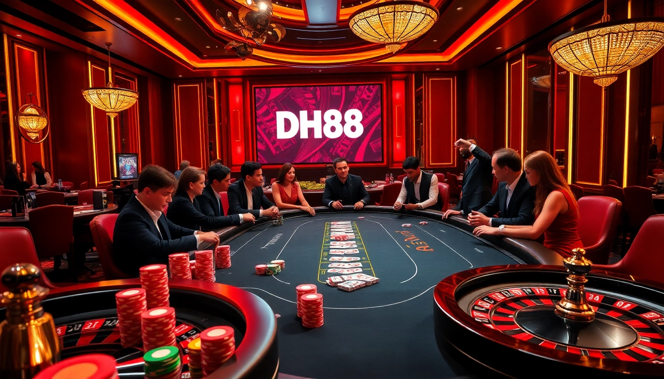 High-stakes poker action at DH88 casino, featuring elegant players and vibrant gaming elements.