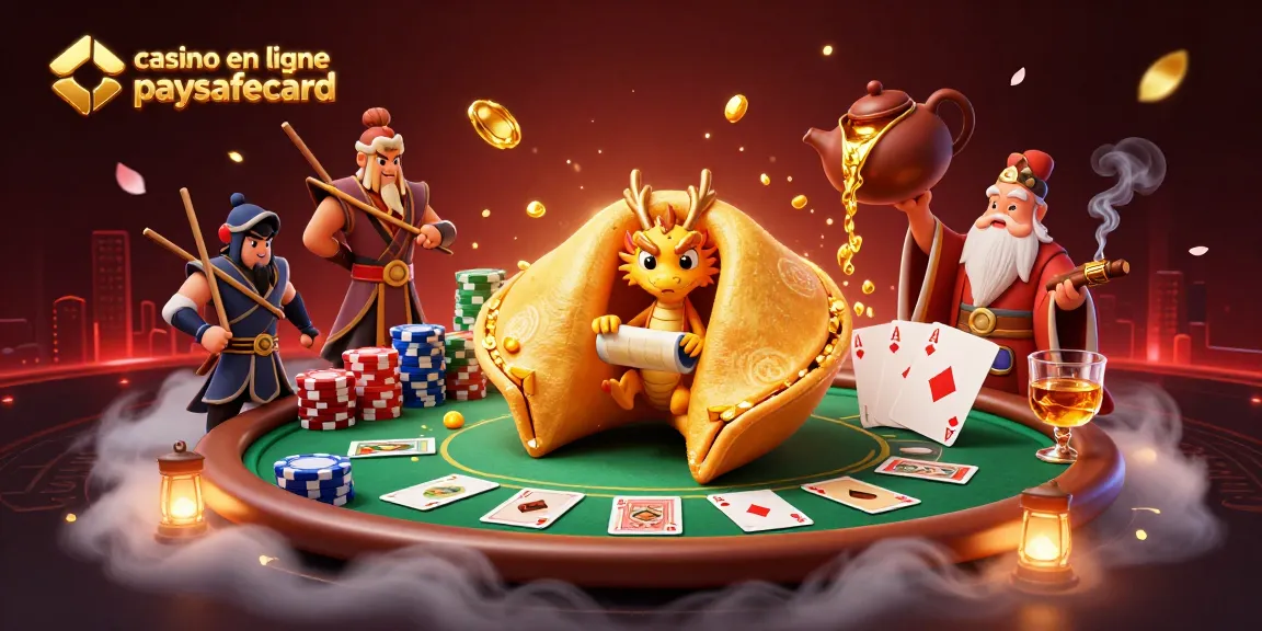 Jouez au casino en ligne paysafecard avec une illustration 3D dynamique d'un dragon et des éléments de poker flamboyants.
