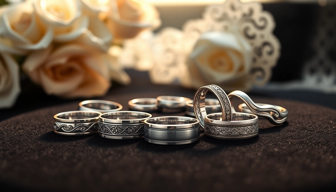 Elegant tungsten wedding bands showcased in a luxurious setting with detailed designs.