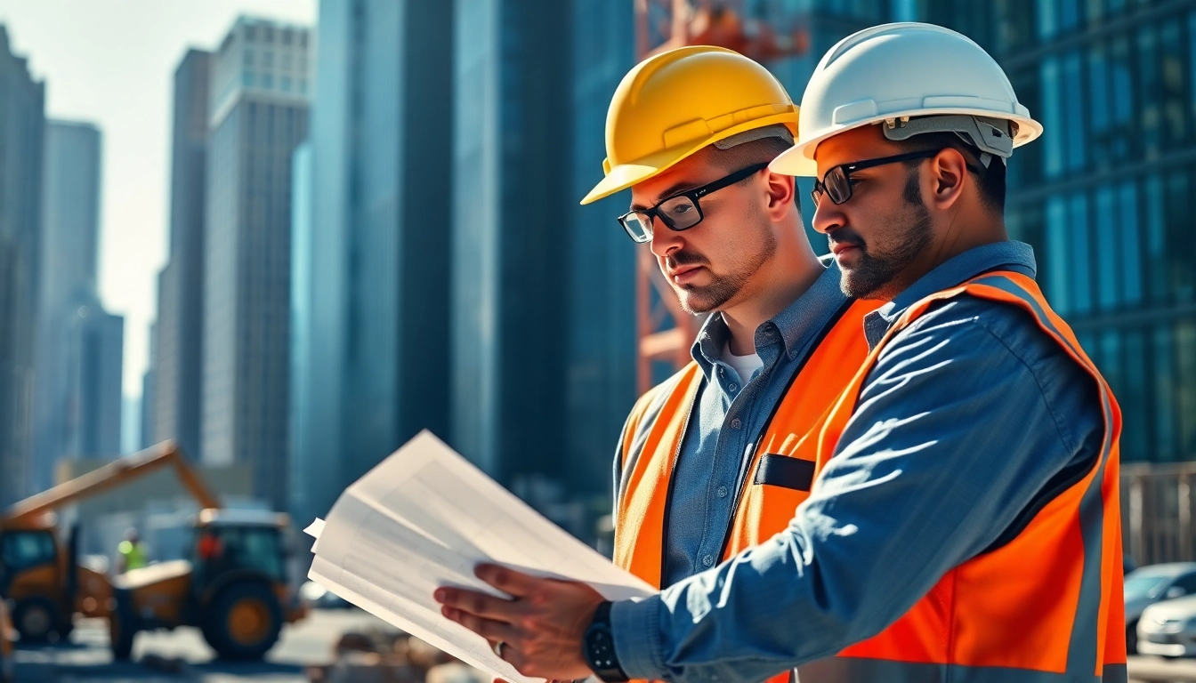 Manhattan construction manager inspecting plans amidst active job site in New York.