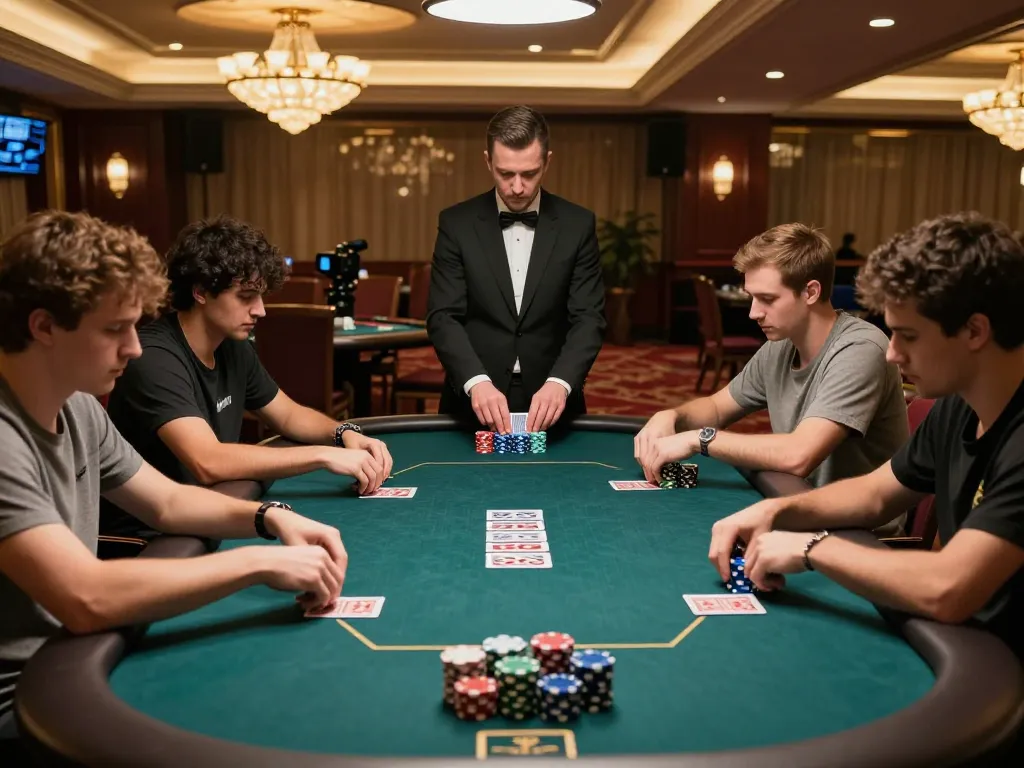 Nå nhà cái Bet88 Poker players engaged in intense gameplay with colorful chips and warm lighting.