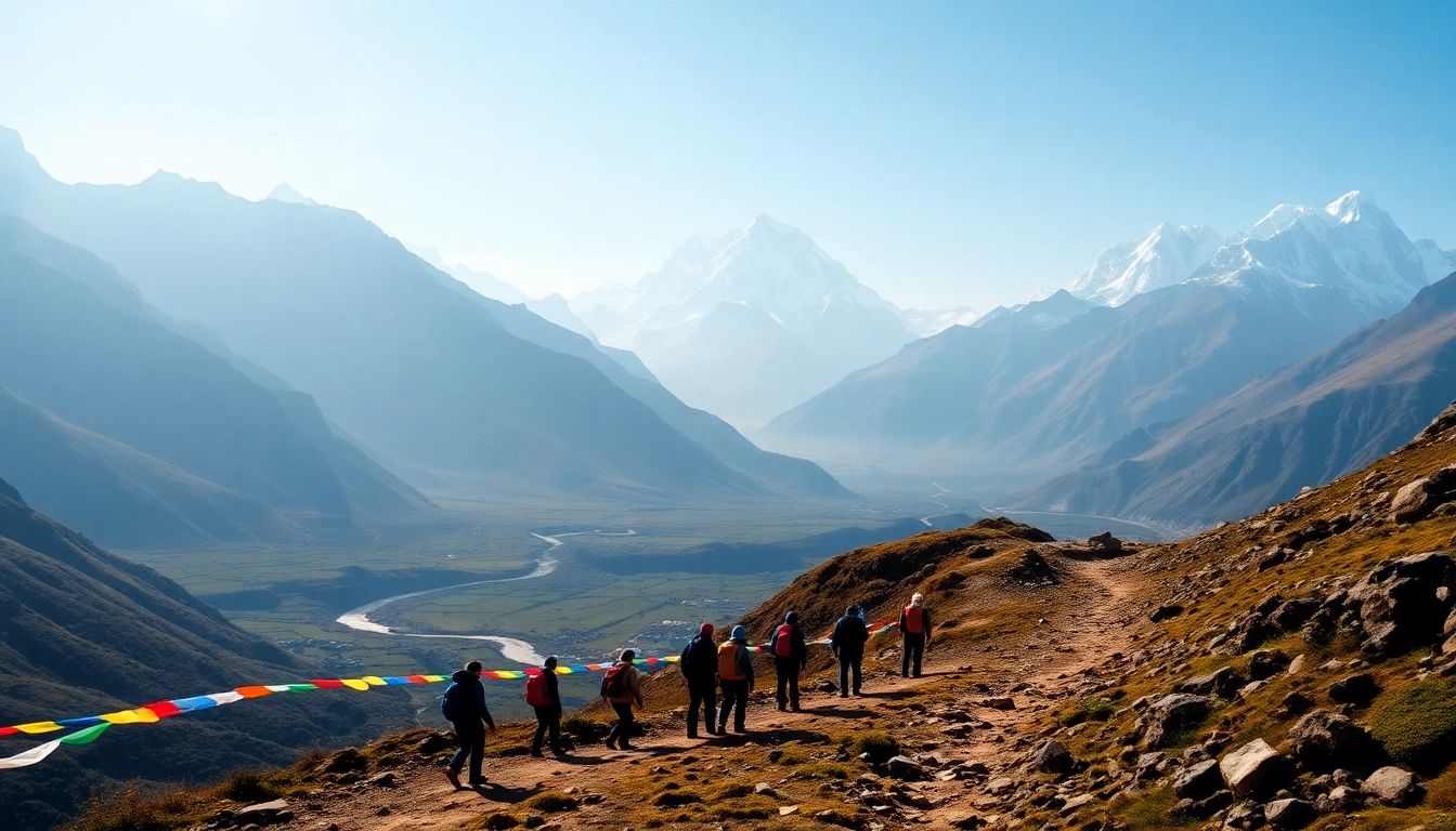 Manaslu Circuit trekking adventure with stunning Himalayan vistas and trekkers along the trail.
