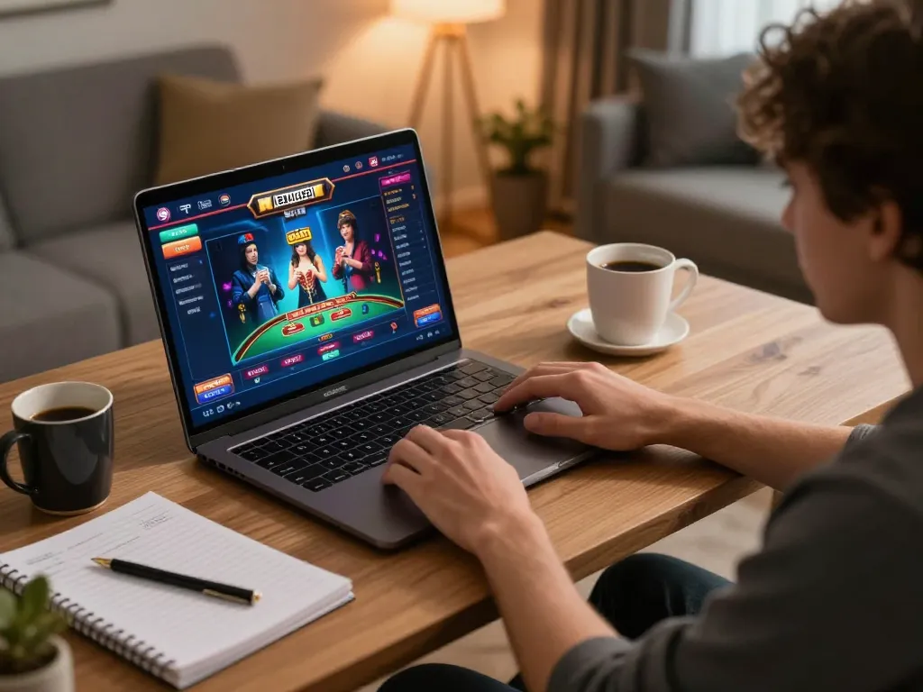 Engaging player exploring bk8 เครดิตฟรี options on laptop in a cozy gaming setting.
