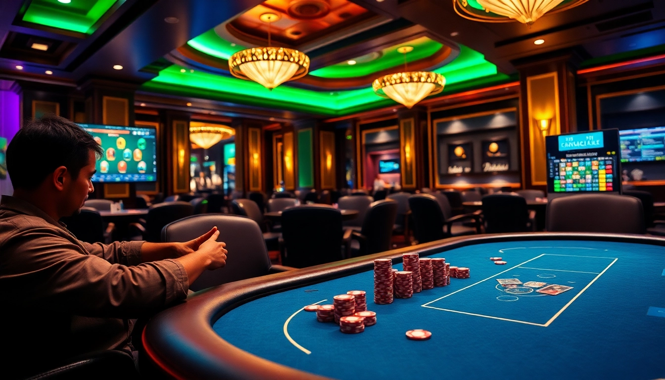 Aksi poker online yang intens dengan pemain di meja kasino mewah, menampilkan chip dan kartu yang berwarna-warni.