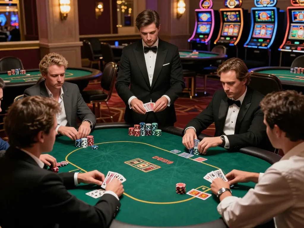 Players strategizing in an exciting RIKVIP poker game at a lavish casino table, showcasing the intense atmosphere.