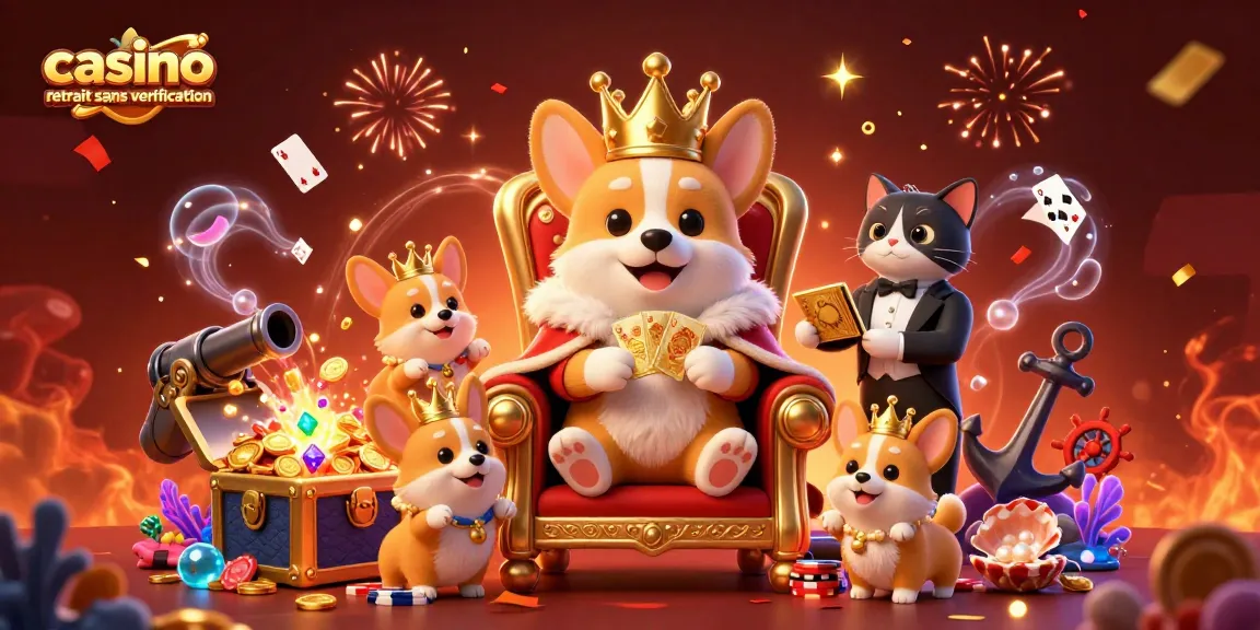 Montrez le casino retrait sans vérification avec un corgi royal sur un trône de jetons de poker.