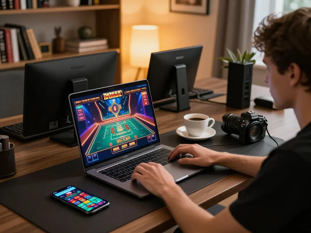 Engaging online gaming experience at Nhà cái DABET shown on laptop with betting app beside.