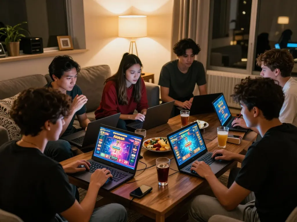 Online casinos Canada scene with friends strategizing during an exciting home gaming session