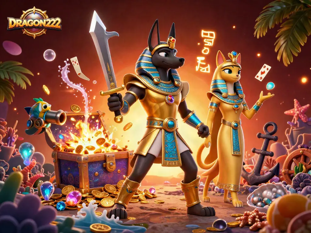 Experience the thrill of DRAGON222 with dynamic jackpot symbols and characters in a vibrant casino scene.