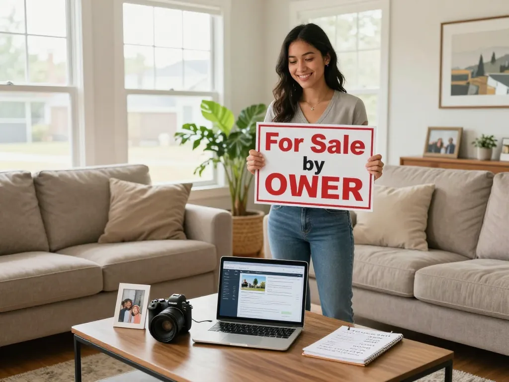 Homeowner preparing to sell house without realtor, viewing listings on laptop in a sunny living room.