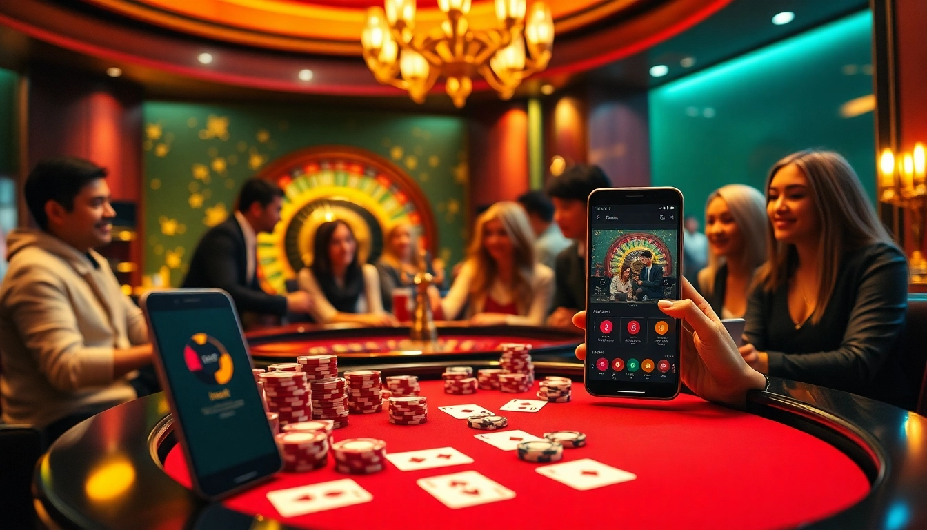Engage with the 9Dbet Download app in a luxurious casino setting filled with vibrant gaming elements.