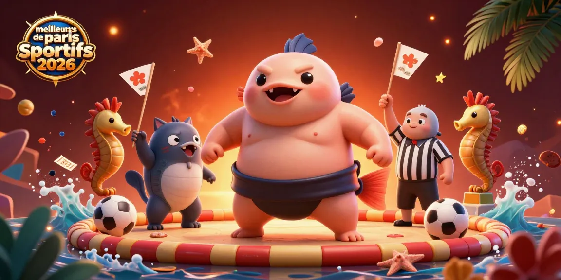 Illustration dynamique des meilleurs sites de paris sportifs 2026 avec un fugu boxeur et des spectateurs marins.