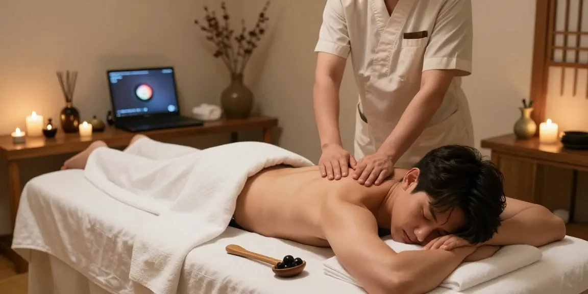 포항마사지에서 남성이 전통 한국 마사지를 받는 모습, 편안한 분위기와 아로마를 담고 있는 스파 장면