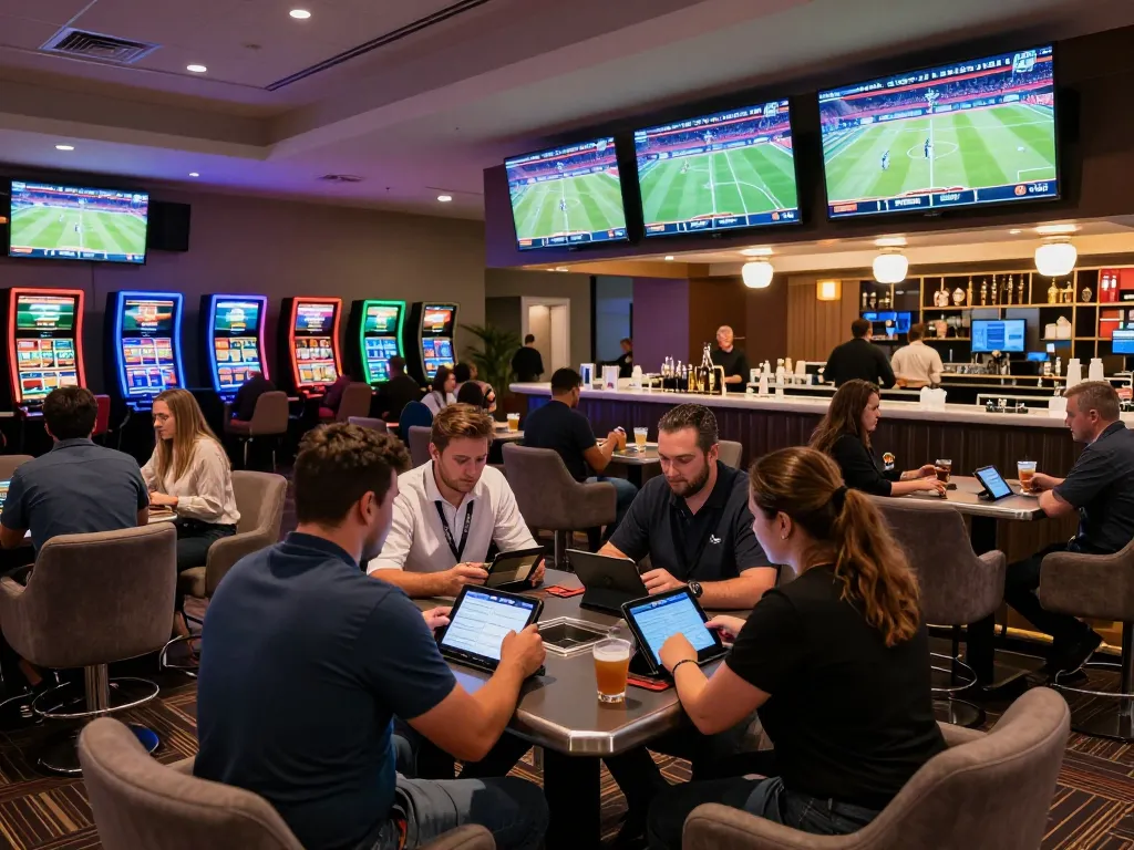 Excitement of sports betting at https://mm88.blog/ with patrons engaging in live action at modern casino.