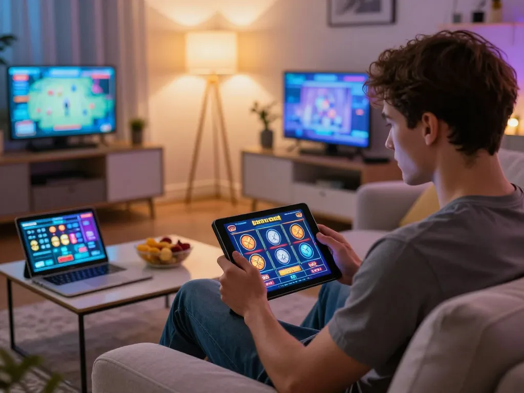 Player engaged in slot depo 1k game on tablet, cozy gaming setup highlighting strategy and fun.