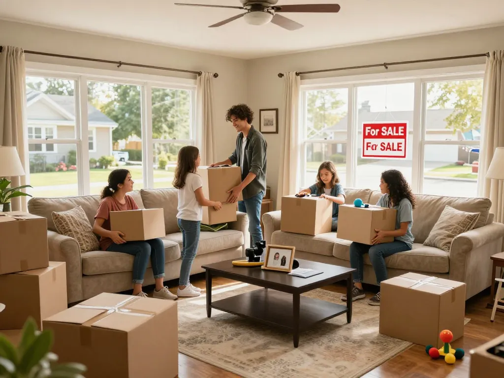 Sell my house fast for cash in a warm living room as a family prepares to move.