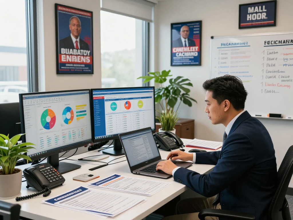 Learn how to raise money for a political campaign with expert data analysis in a modern campaign office.