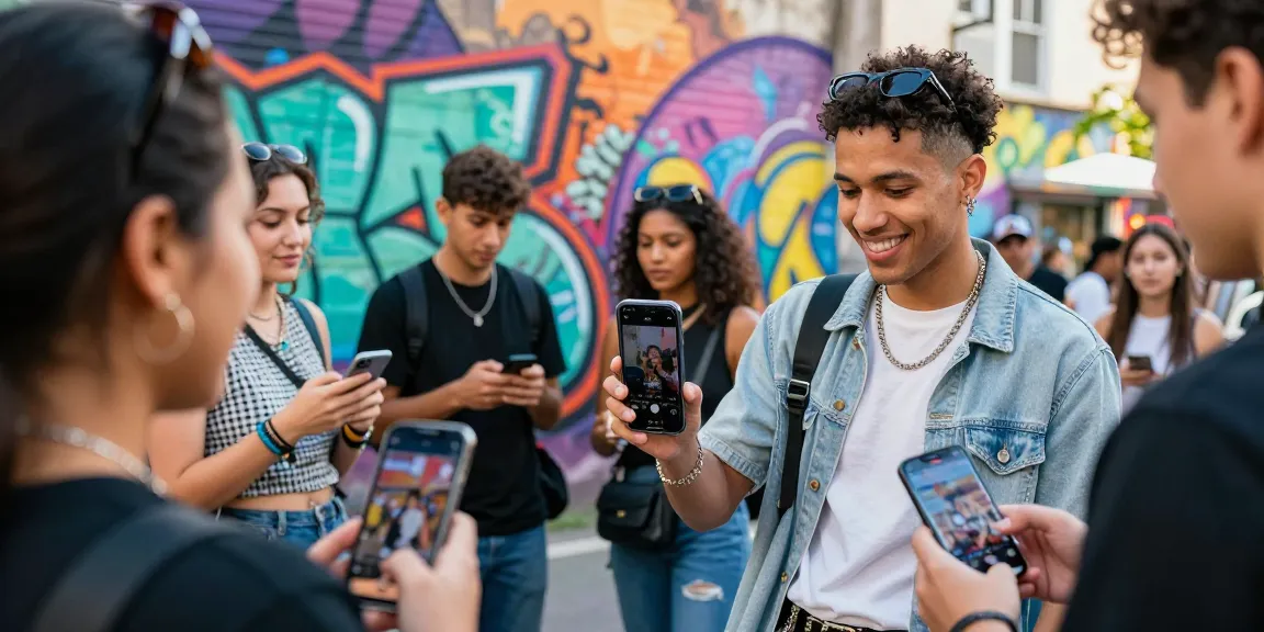 Engaging influencer showcasing beste seite um instagram follower zu kaufen while interacting with followers in vibrant urban setting.