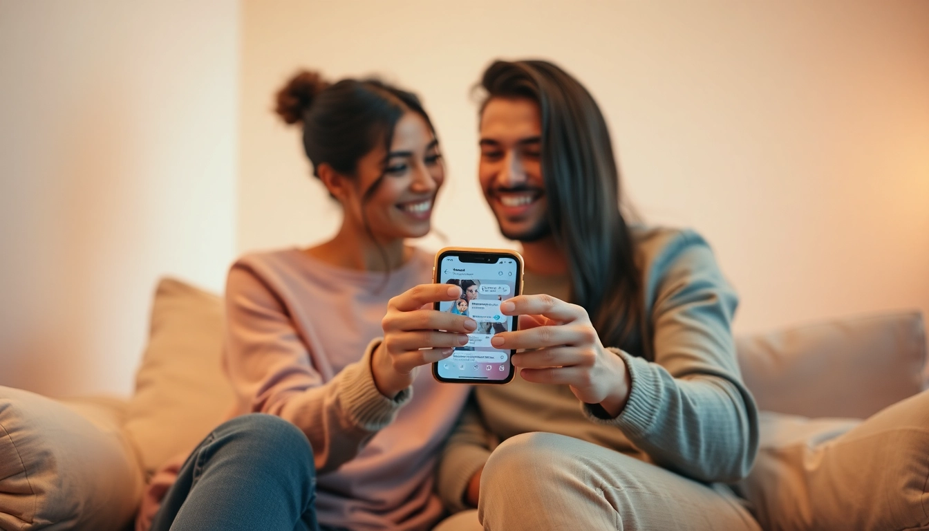 Engaging conversation about sexting ai between a couple using a smartphone in a cozy setting.