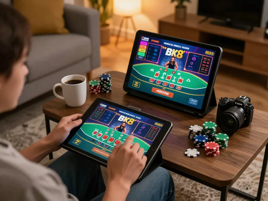 Engaging scene of a user playing blackjack on BK8 tablet, showcasing a cozy, modern gaming setup.