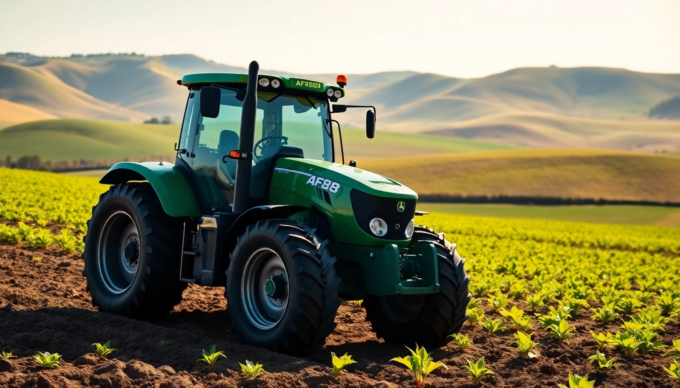Showcase of the AF88 tractor working in a sunlit agricultural field, highlighting its functionality.