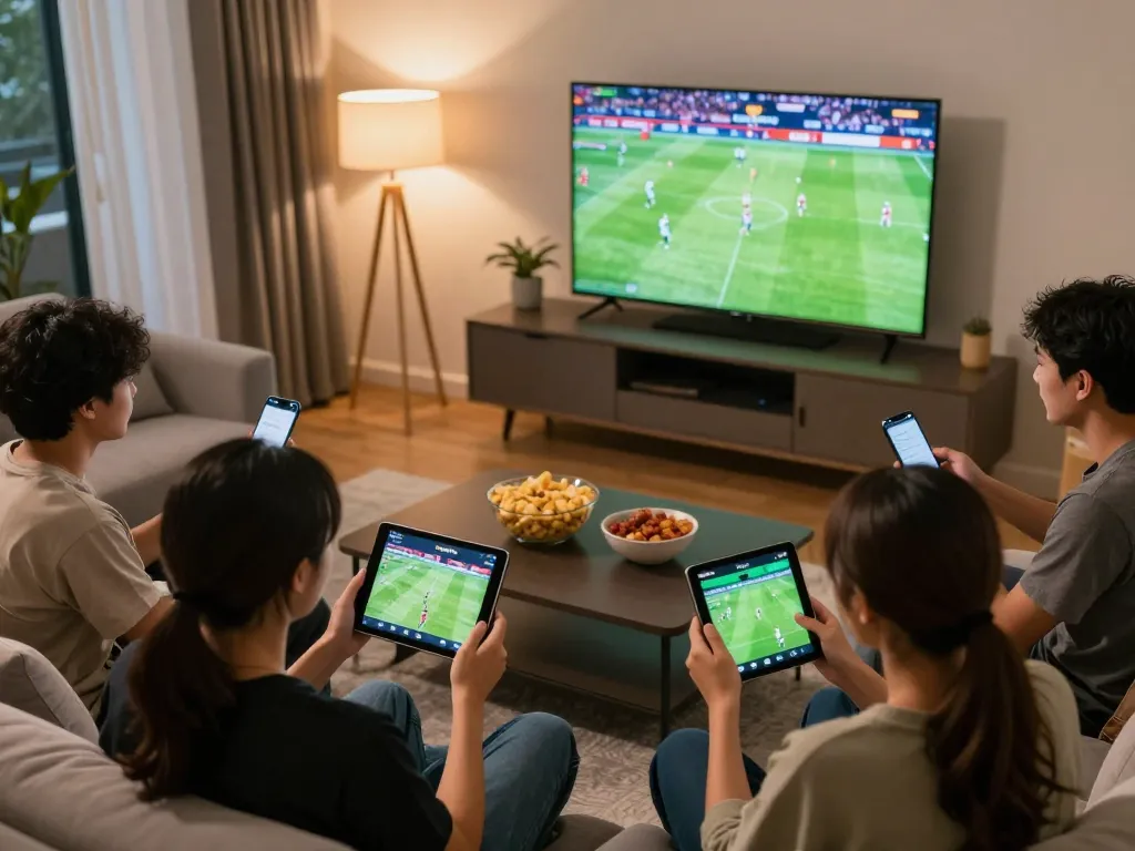 Engaging scene of a group placing bets on okwintv bóng đá during a live football game, capturing the excitement of sports betting.