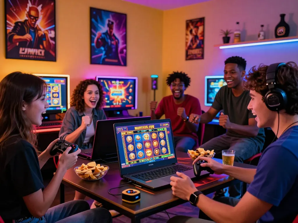 Diverse friends engaging in online gaming at www.mantra88.com, showcasing vibrant slot graphics and excitement.