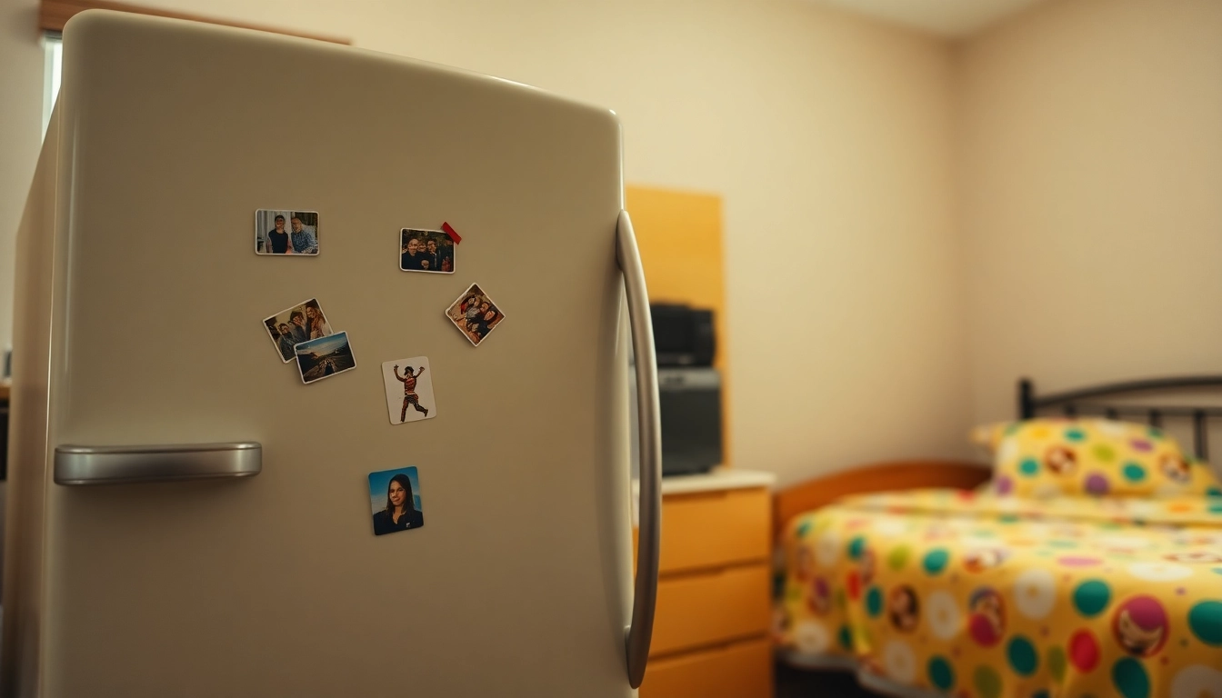 Organized dorm room fridge displaying snacks and drinks in a vibrant student setting.