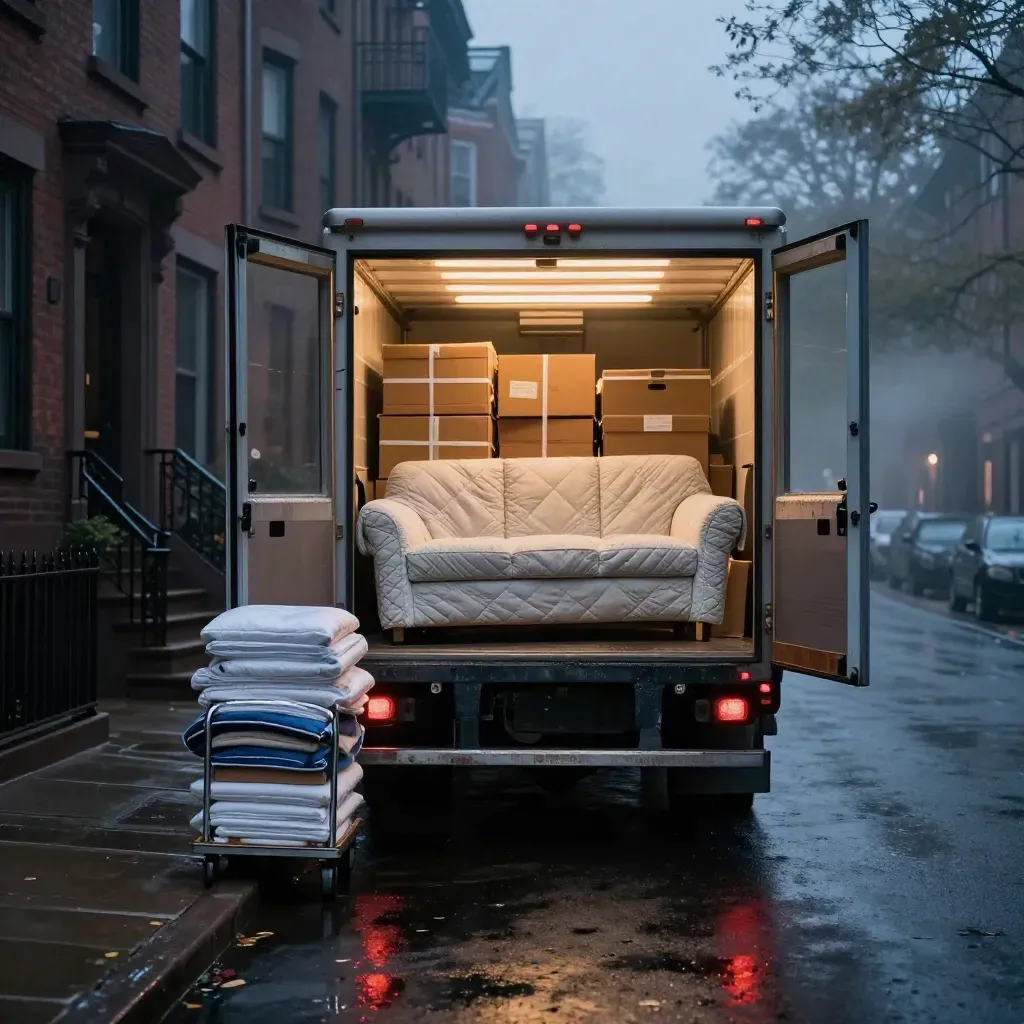 Open moving truck at a brownstone stoop with wrapped sofa, boxes, blankets and dolly after rain.