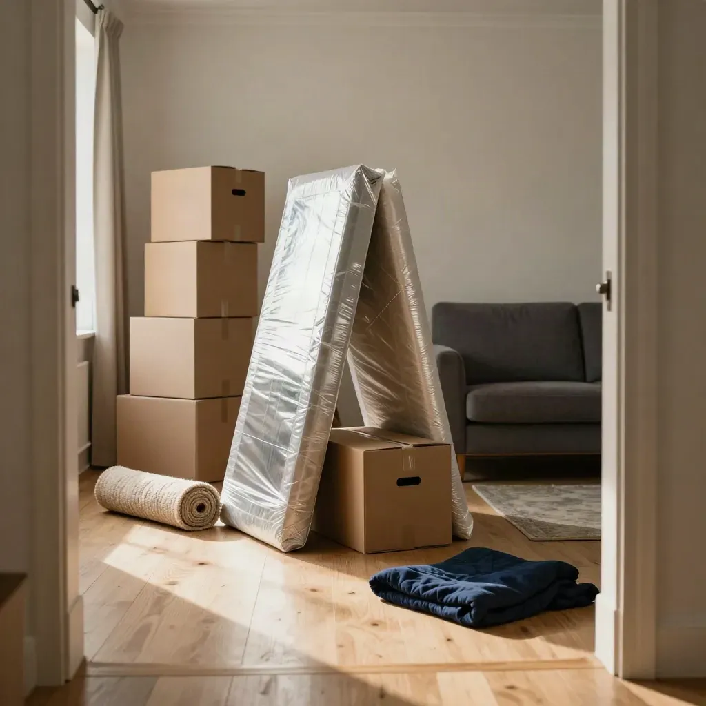 Emptied apartment living room staged for a move with boxes, wrapped mirror, rolled rug, and sofa.
