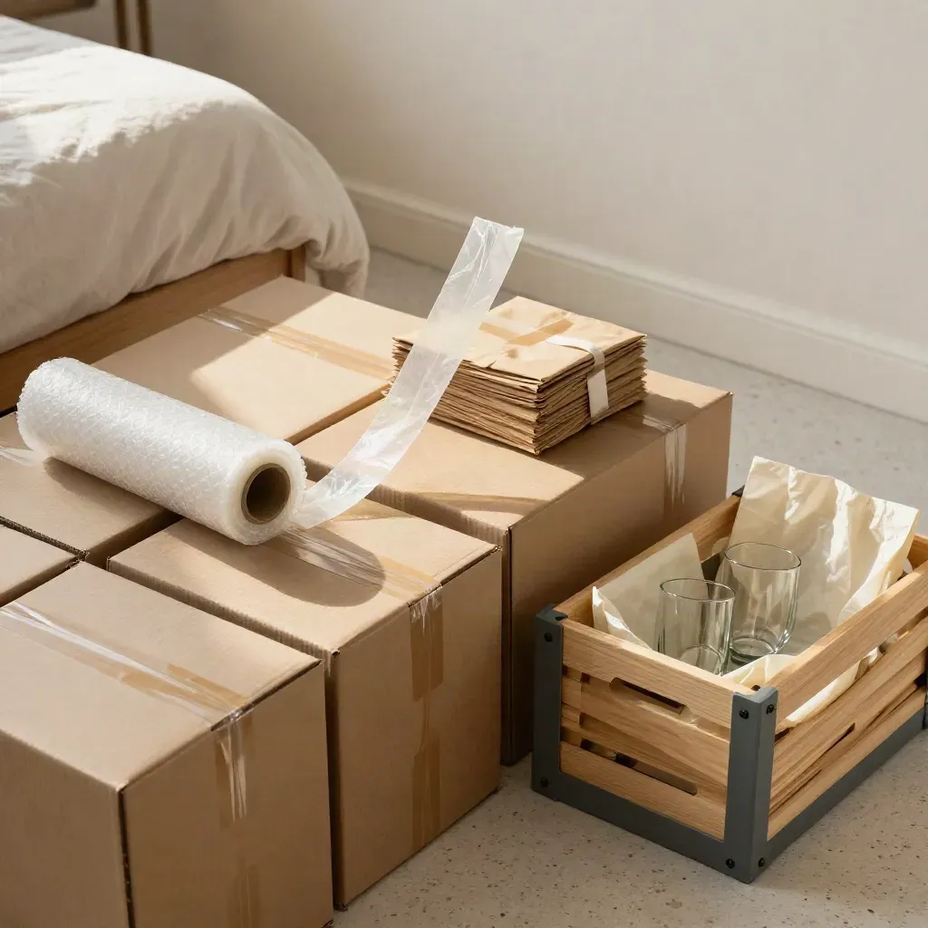 Packing boxes, bubble wrap, and a fragile-item crate arranged in a bedroom corner under daylight.