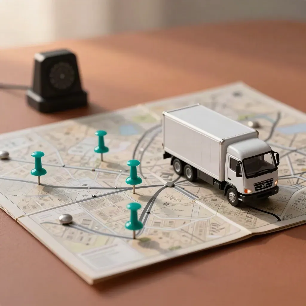 Macro route-planning layout with map board, pins, mini truck, and dispatch beacon on warm clay surface.