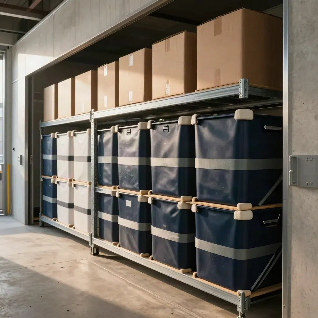 Organized storage bay with labeled boxes, wrapped shelving and stacked totes in dramatic light.