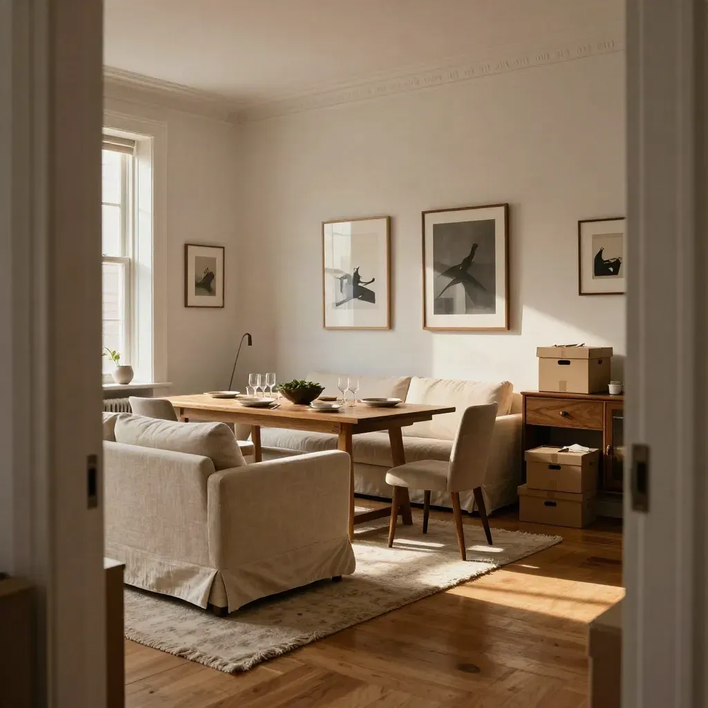 Brooklyn townhouse parlor with sofa, dining table, framed art and warm window light.
