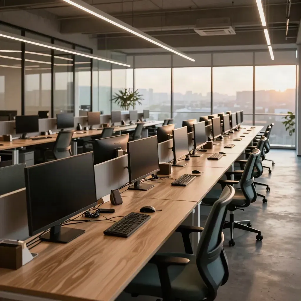 Empty open-plan office reset at dawn, desks aligned and monitors dark in warm cool light.