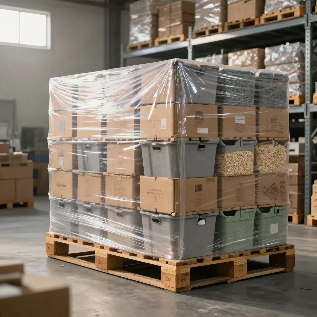 Shrink-wrapped retail stock on pallets beside shelving in a quiet warehouse aisle.