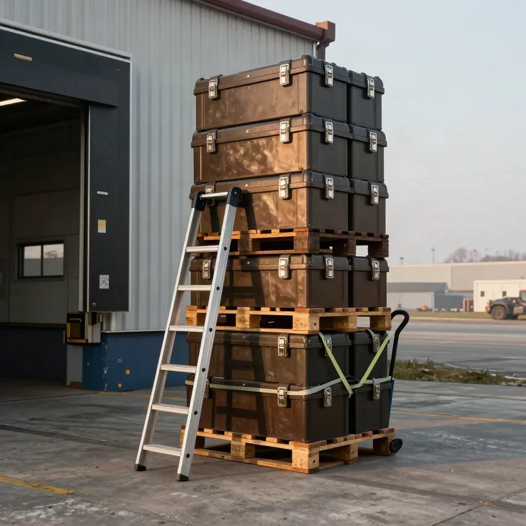 Contractor gear stacked by a loading bay in moody morning haze.